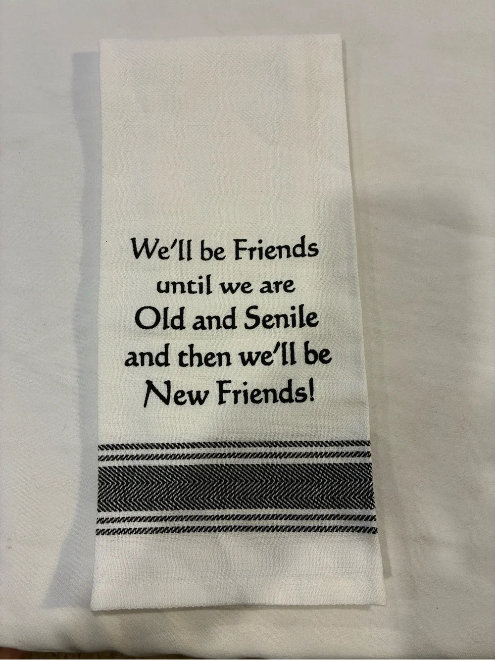 Novelty Tea Towel W/ Black Text Multi Stripe Detail 100% Cotton NEW W/ Tags